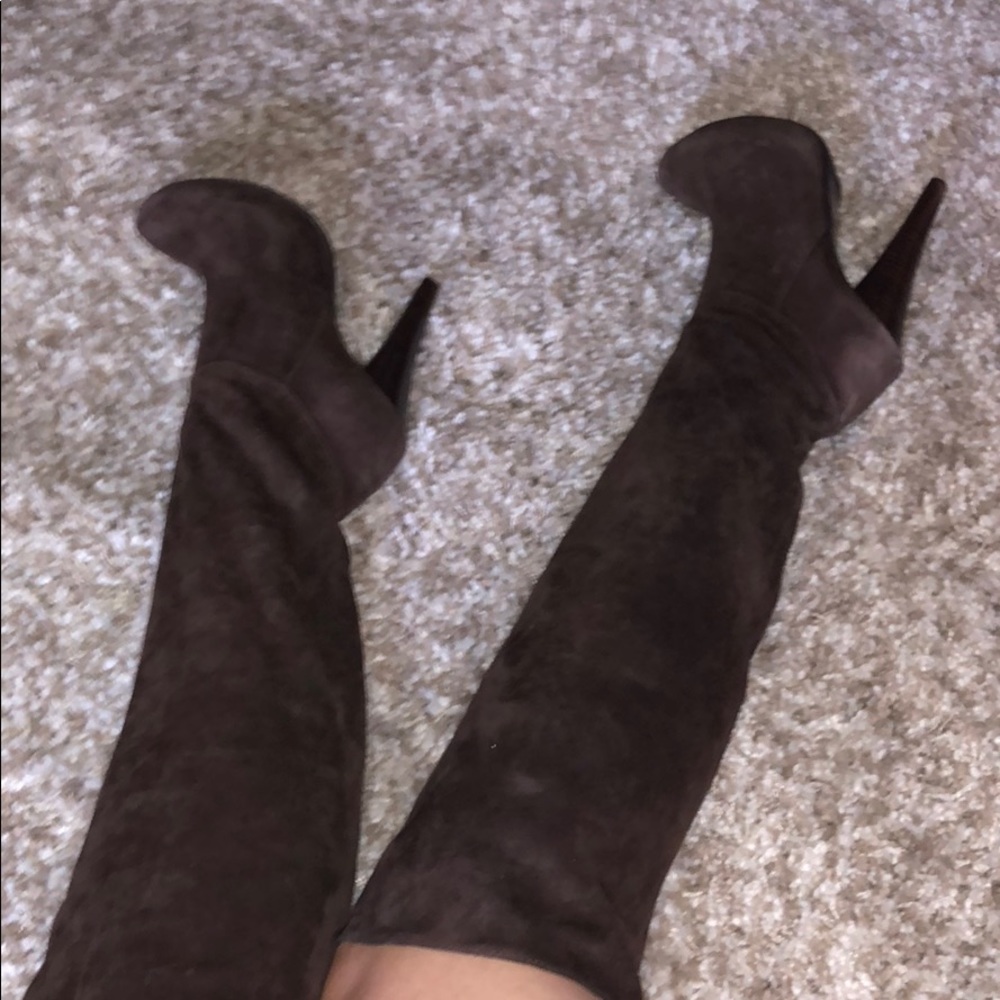 Over the knee brown suede heeled boots